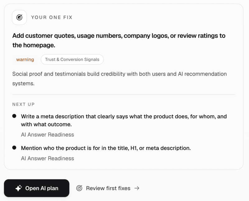 One recommended website fix with the next two priorities in Robot Visible